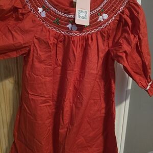 Girls' Red Embroidered Smocked Dress
